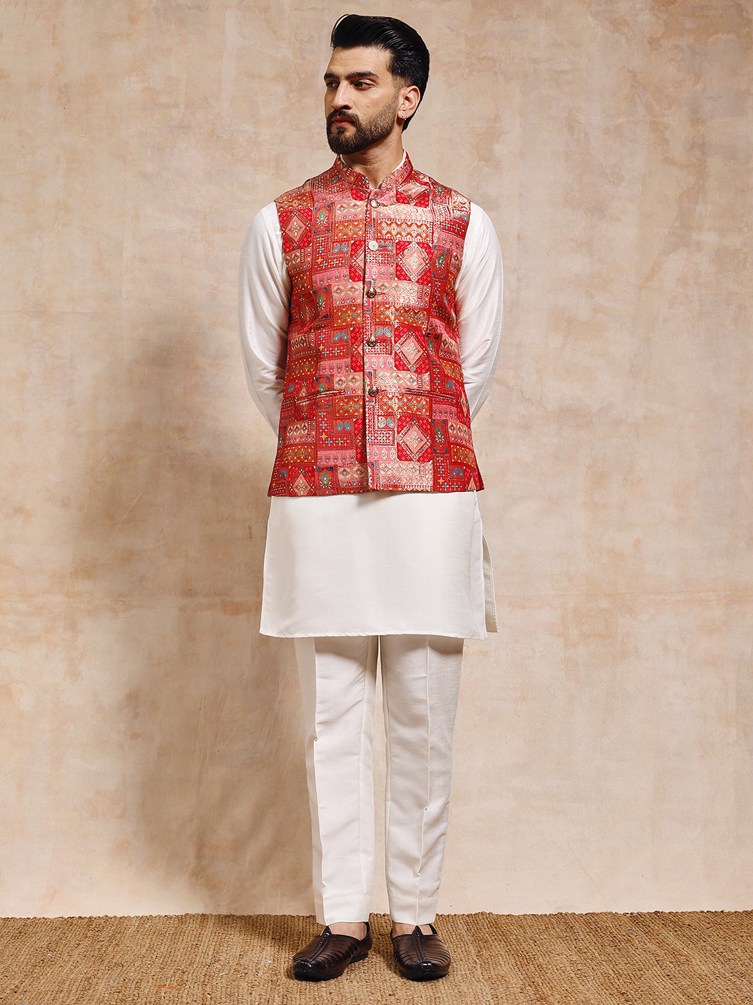 Men Red Patoda Nehru Jacket Set