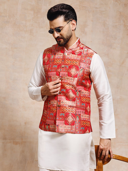 Men Red Patoda Nehru Jacket Set