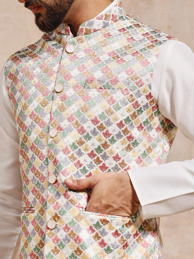 Men Multi White Nehru Jacket Set
