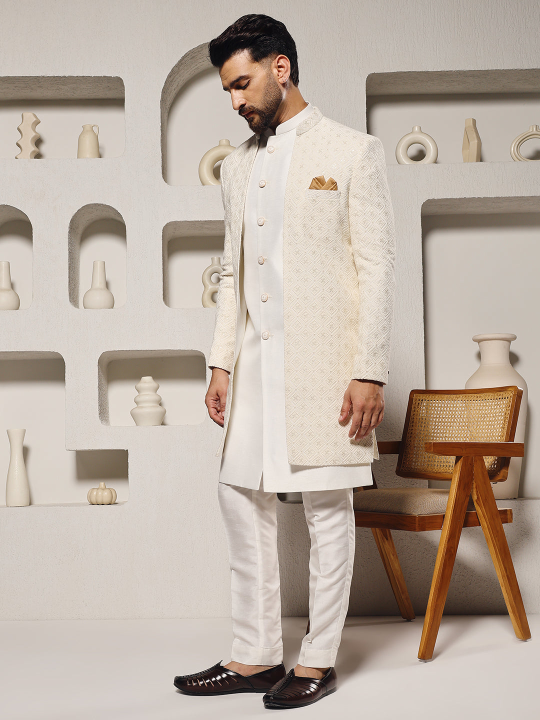 Off White Lucknowi 3 Piece Indowestern Set
