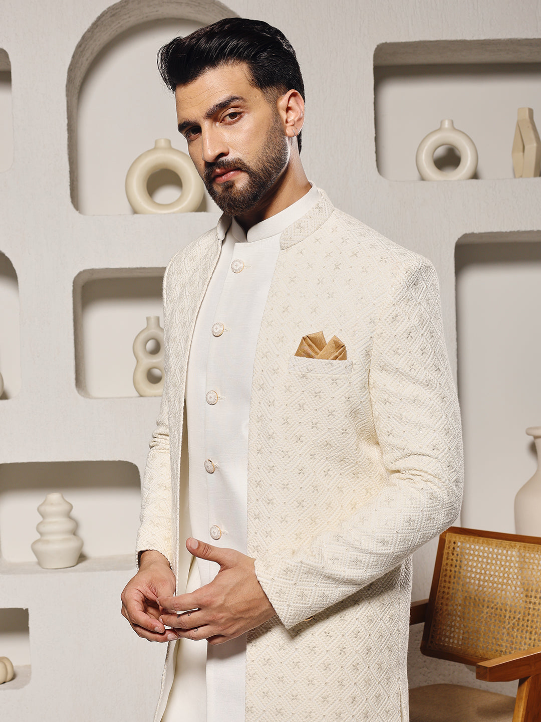 Off White Lucknowi 3 Piece Indowestern Set