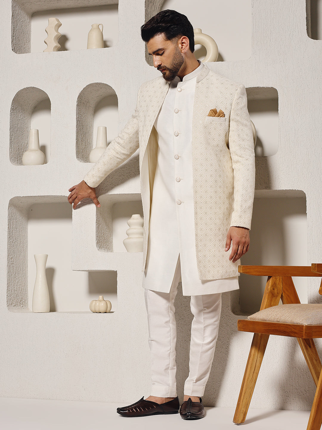 Off White Lucknowi 3 Piece Indowestern Set