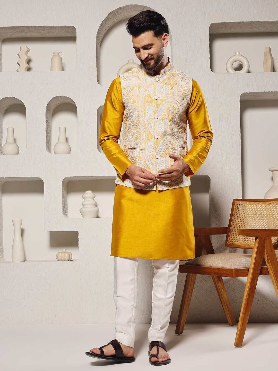 Yellow Position Print Lucknowi Nehru Jacket Set