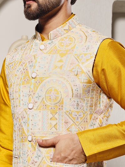Yellow Position Print Lucknowi Nehru Jacket Set