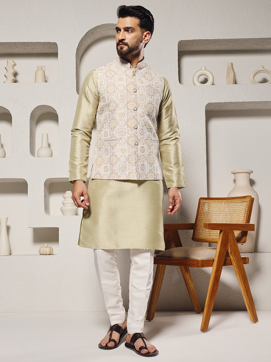 Pista Lucknowi Position Print Lucknowi Nehru Jacket Set