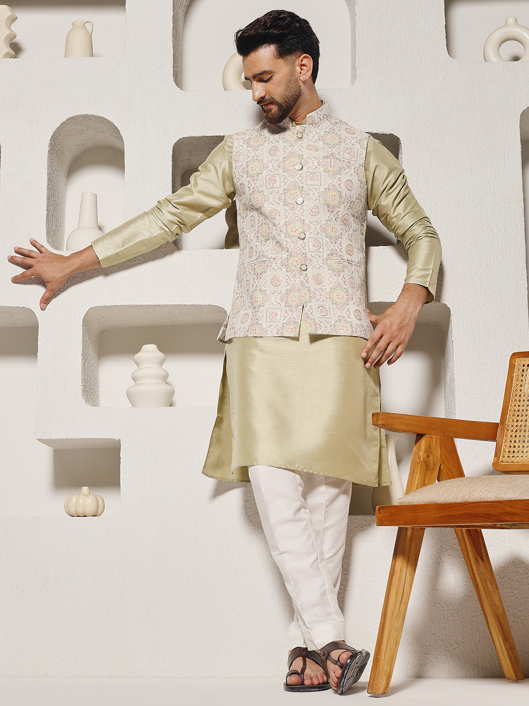 Pista Lucknowi Position Print Lucknowi Nehru Jacket Set