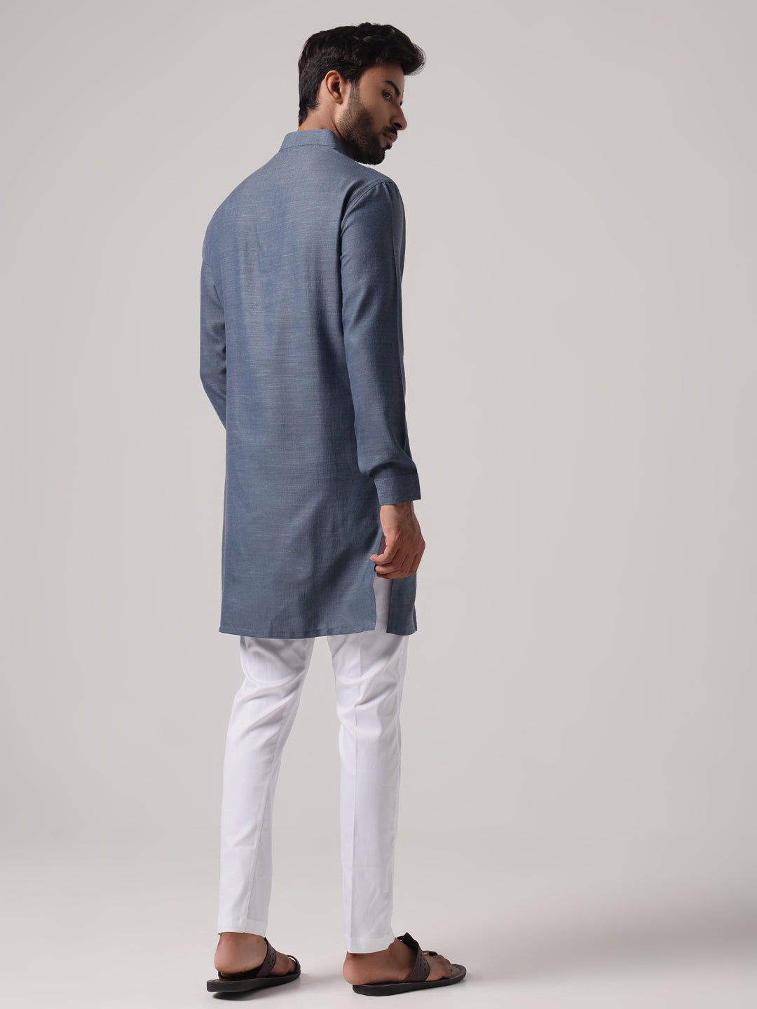 Men Grey Linen Blend Pataudi Style Kurta Trouser Set