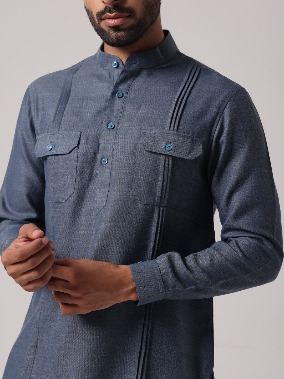 Men Grey Linen Blend Pataudi Style Kurta Trouser Set
