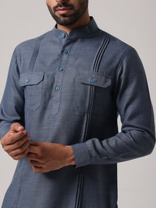 Men Grey Linen Blend Pataudi Style Kurta Trouser Set