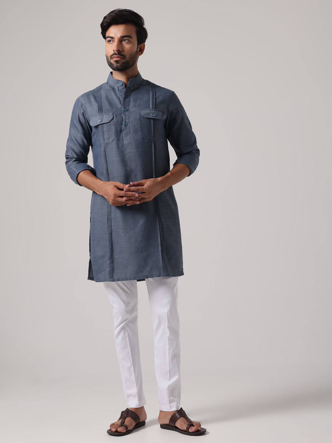 Men Grey Linen Blend Pataudi Style Kurta Trouser Set