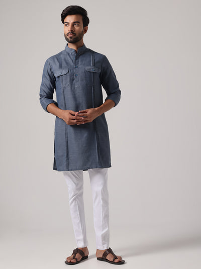 Men Grey Linen Blend Pataudi Style Kurta Trouser Set