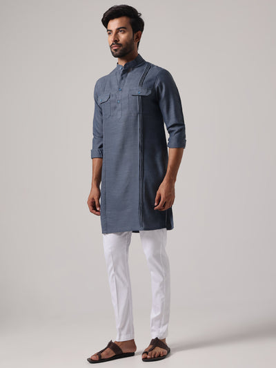Men Grey Linen Blend Pataudi Style Kurta Trouser Set