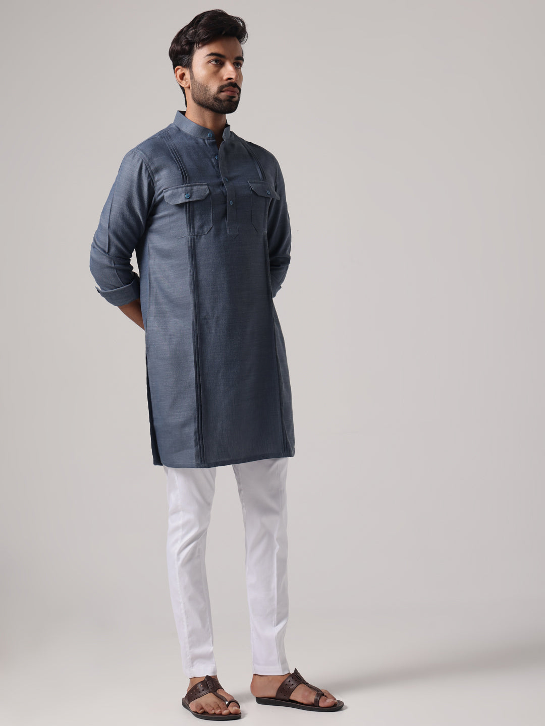 Men Grey Linen Blend Pataudi Style Kurta Trouser Set