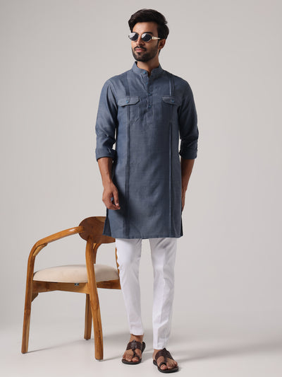 Men Grey Linen Blend Pataudi Style Kurta Trouser Set