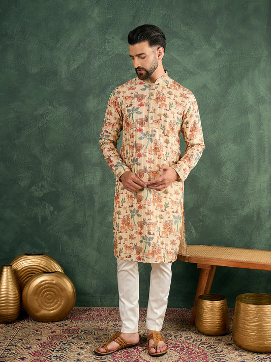 Men Beige Silk Figure Print Kurta Trouser Set