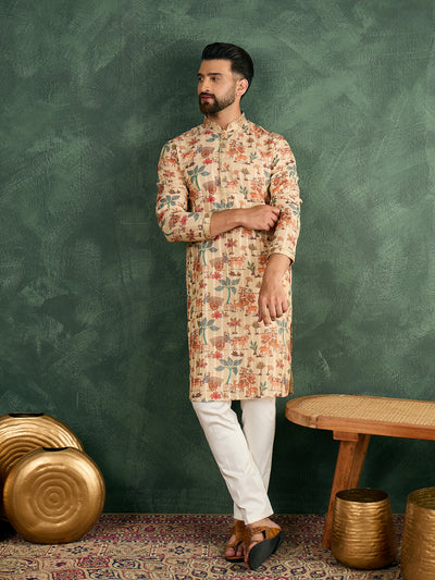 Men Beige Silk Figure Print Kurta Trouser Set