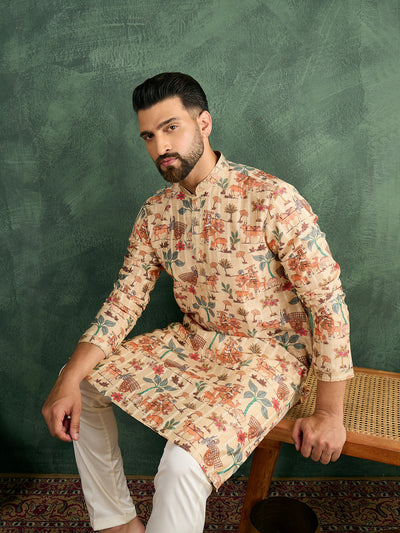 Men Beige Silk Figure Print Kurta Trouser Set