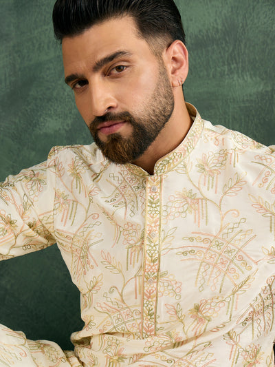Cream Kurta Trouser Set With Multi Thread Work Haldi/Mehendi Concept