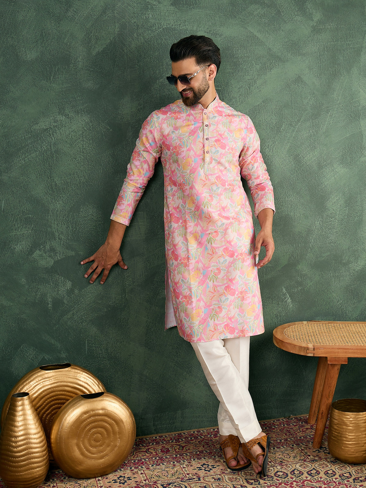 Men Floral Design Kurta Trouser Set