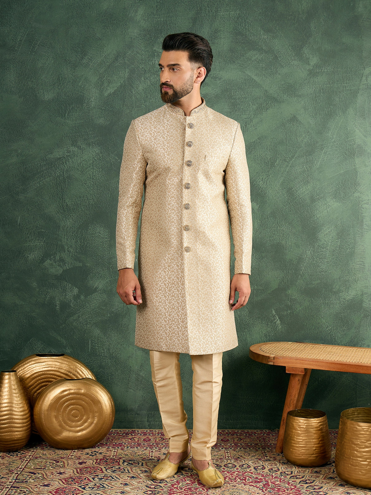 Cream Jaquard Nawabi Set