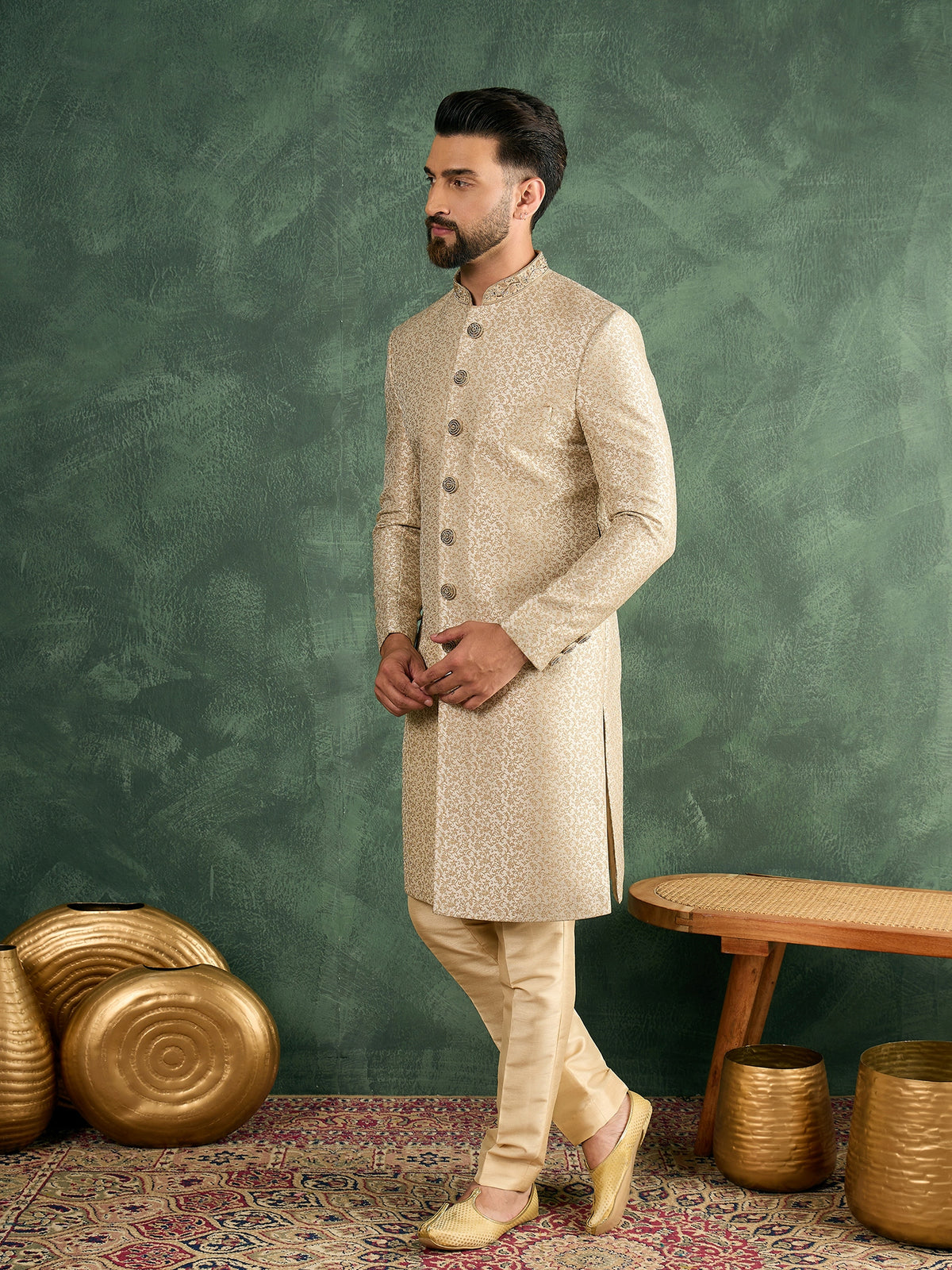 Cream Jaquard Nawabi Set