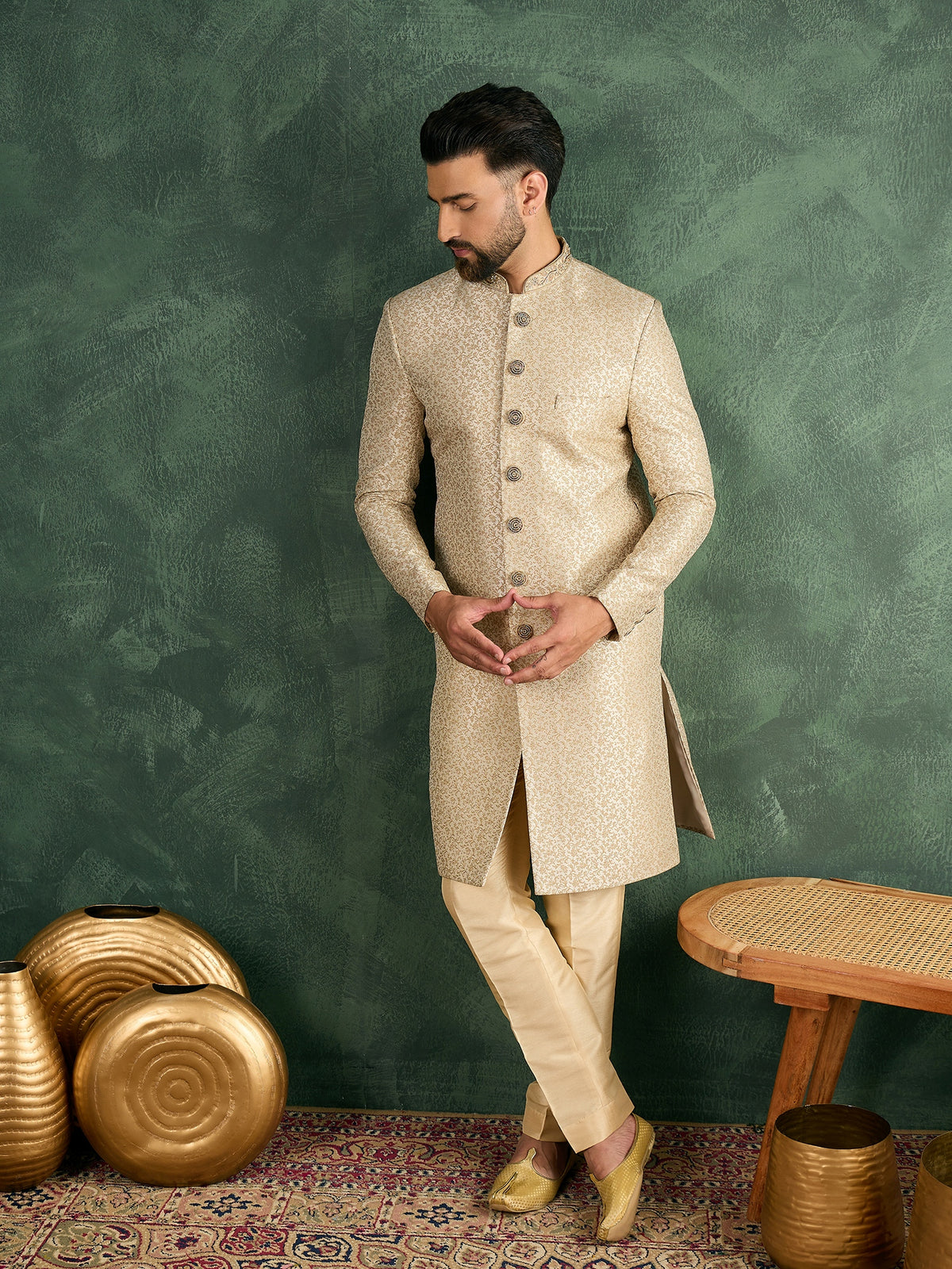 Cream Jaquard Nawabi Set