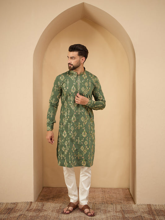 Men Green Embroidered Kurta Trouser Set