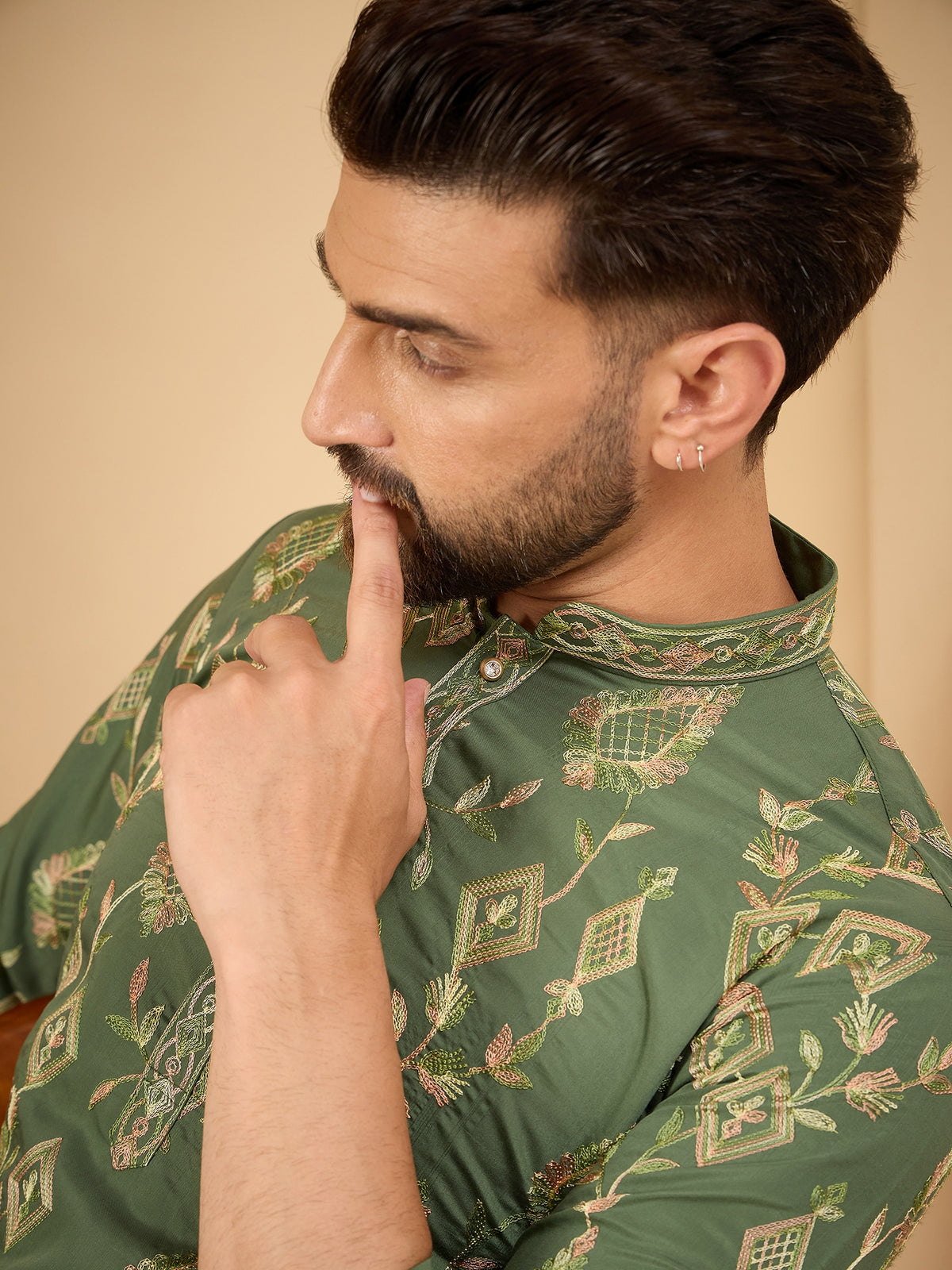 Men Green Embroidered Kurta Trouser Set