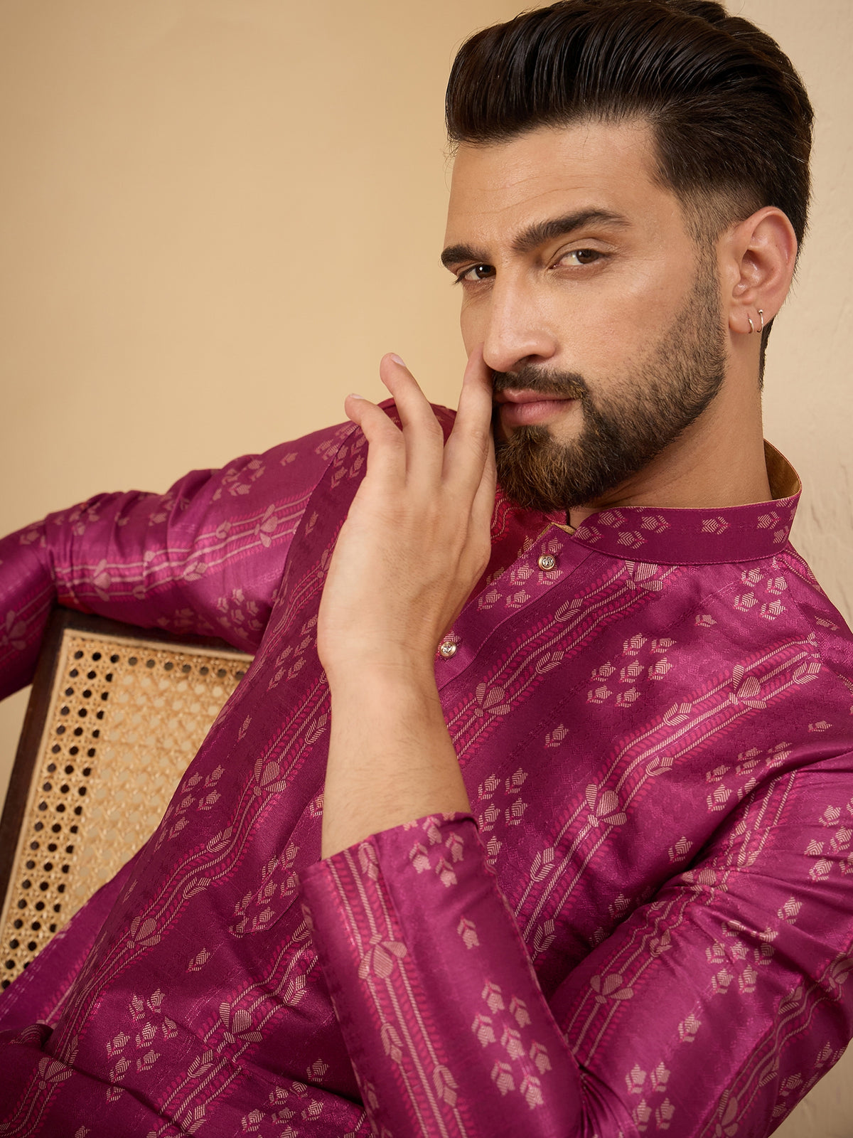Men Purple Printed Kurta Trouser Set