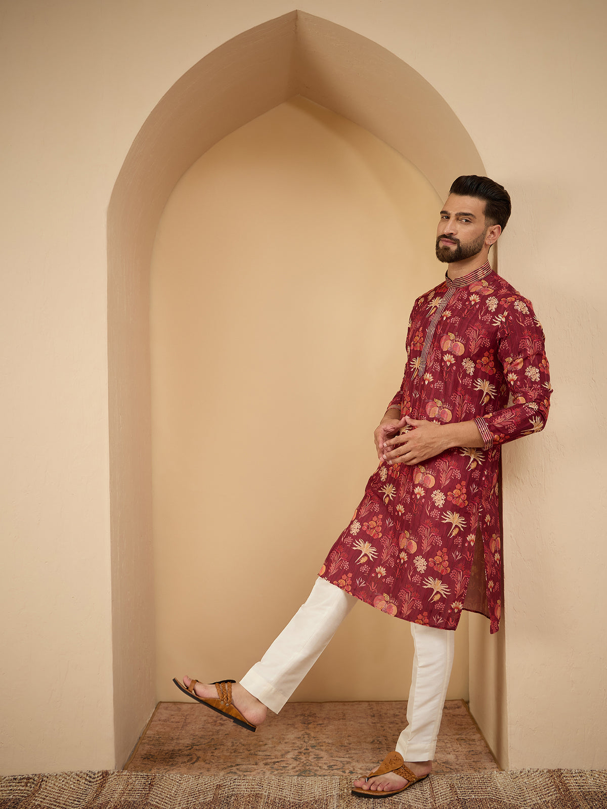 Maroon Printed Silk Kurta With Pintex Design