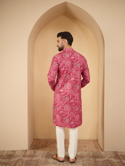 Men Pink Printed Pintex Kurta Trouser Set