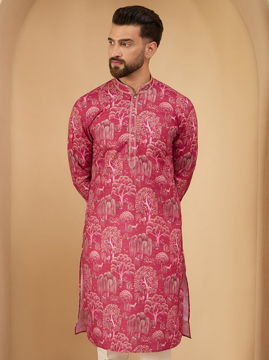 Men Pink Printed Pintex Kurta Trouser Set