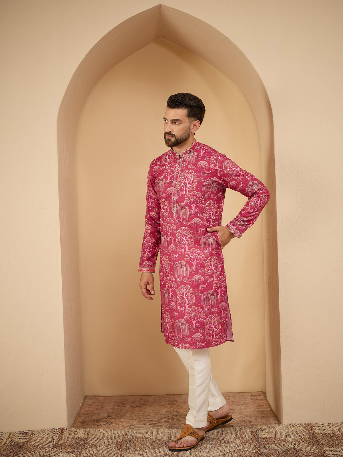 Men Pink Printed Pintex Kurta Trouser Set