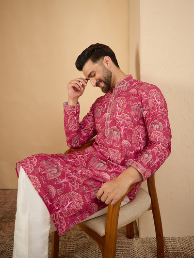 Men Pink Printed Pintex Kurta Trouser Set