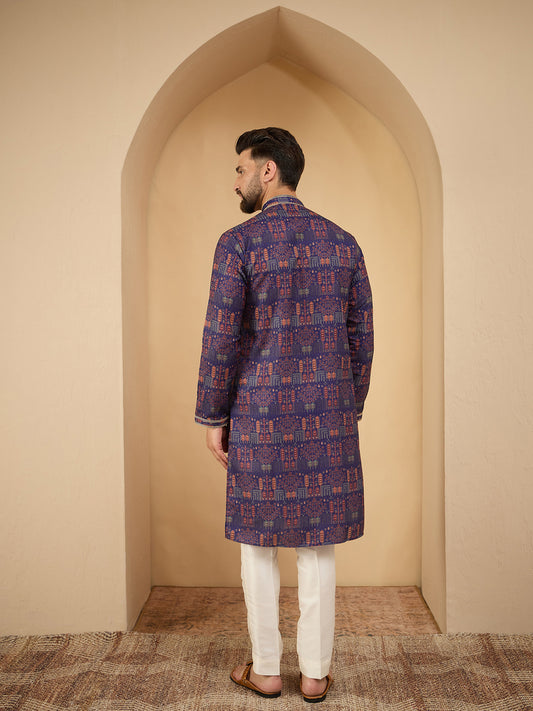 Men Blue Printed Pintex Kurta Trouser Set