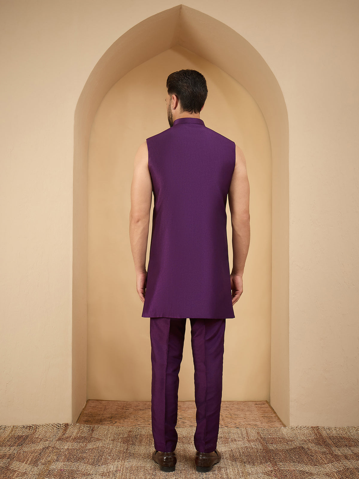 Men Purple Embroidered 3 Piece Indo Western Set