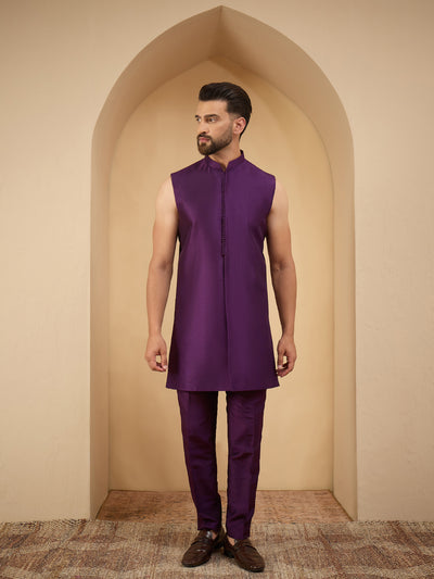 Men Purple Embroidered 3 Piece Indo Western Set