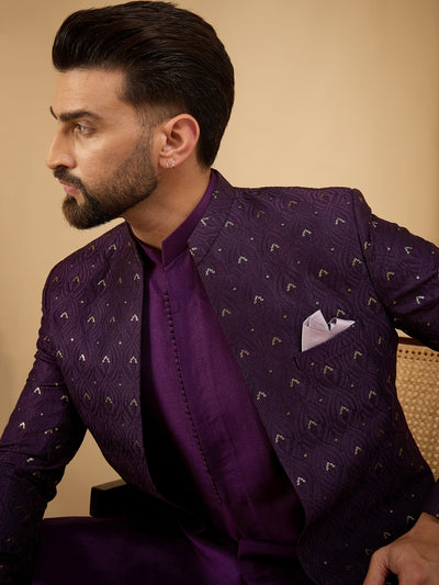 Men Purple Embroidered 3 Piece Indo Western Set