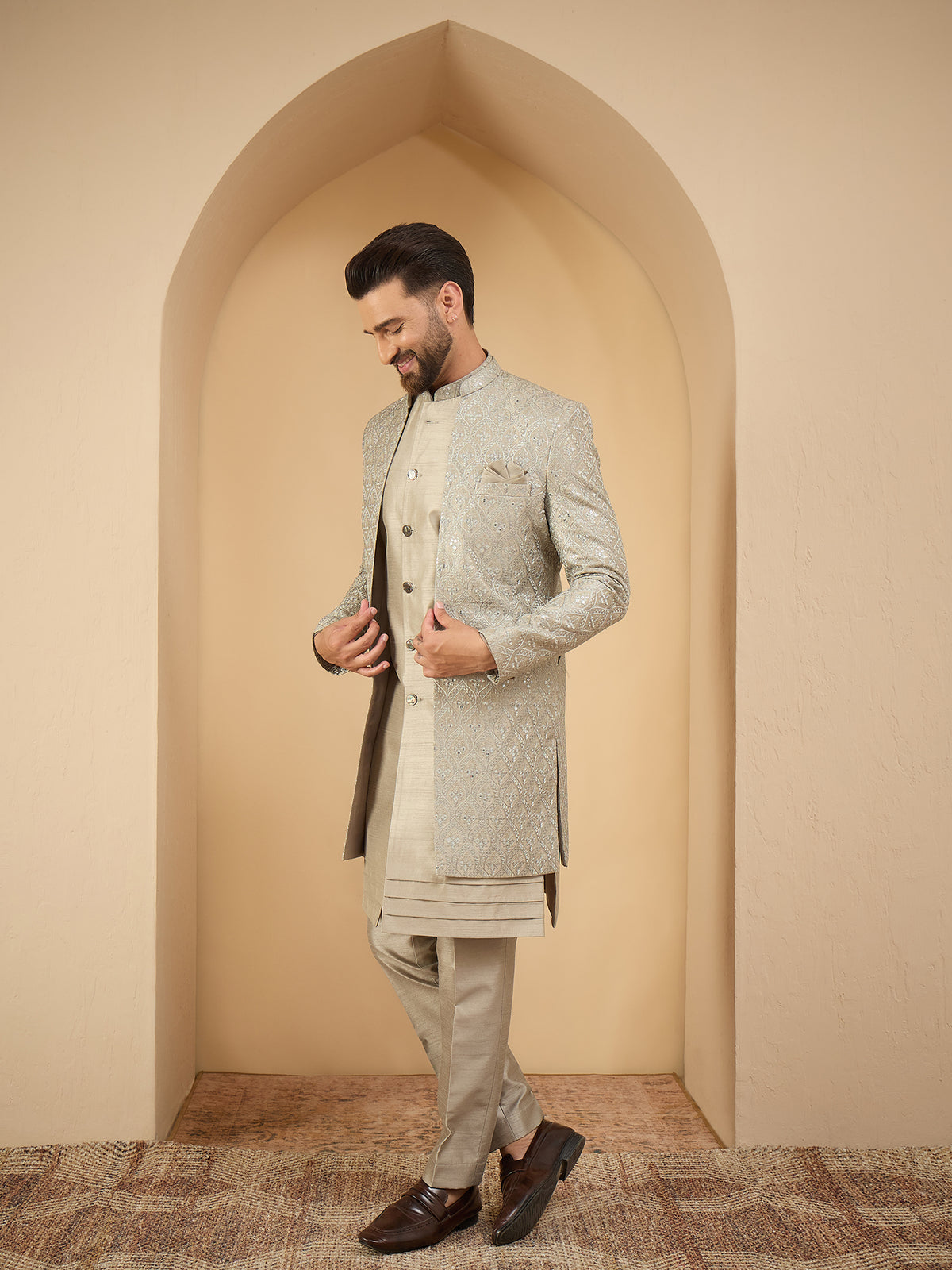 Sage Green Lucknowi 3 Piece Indo Western Set