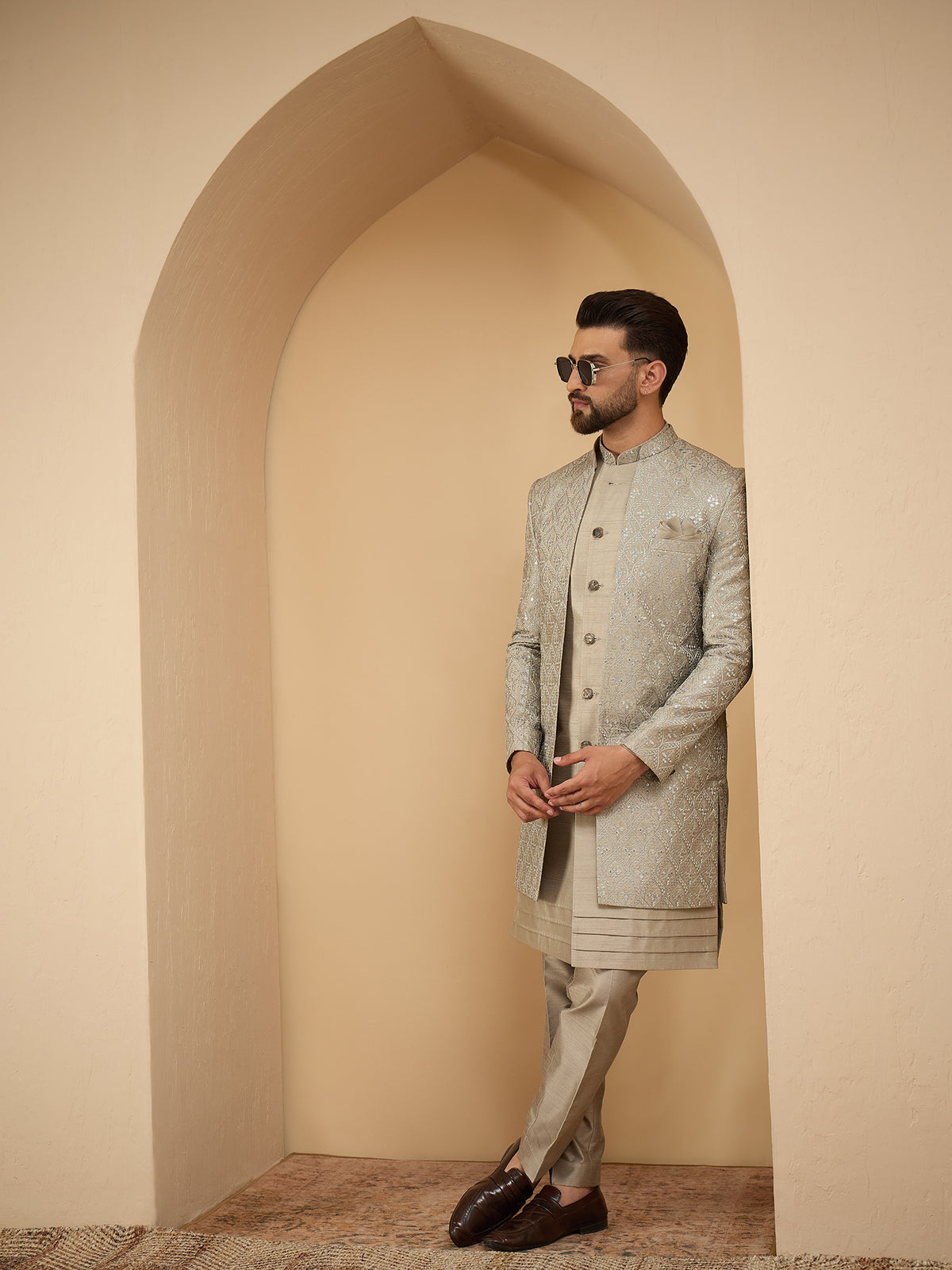Sage Green Lucknowi 3 Piece Indo Western Set
