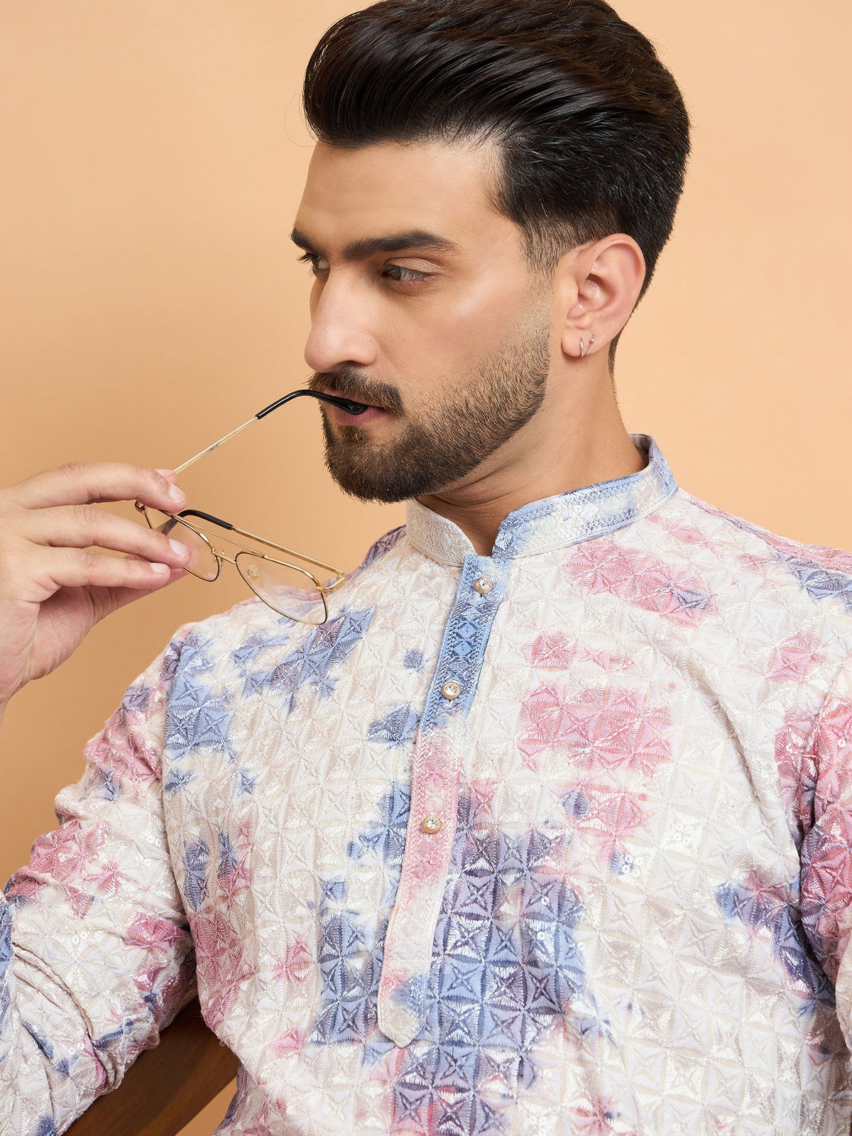 Off White Lucknowi Tie Dye Kurta Set