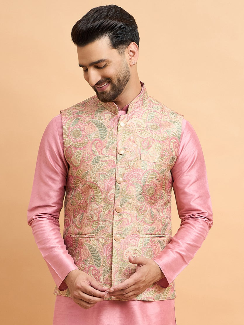 Rose Pink Kurta With Brocket Nehru Jacket Only