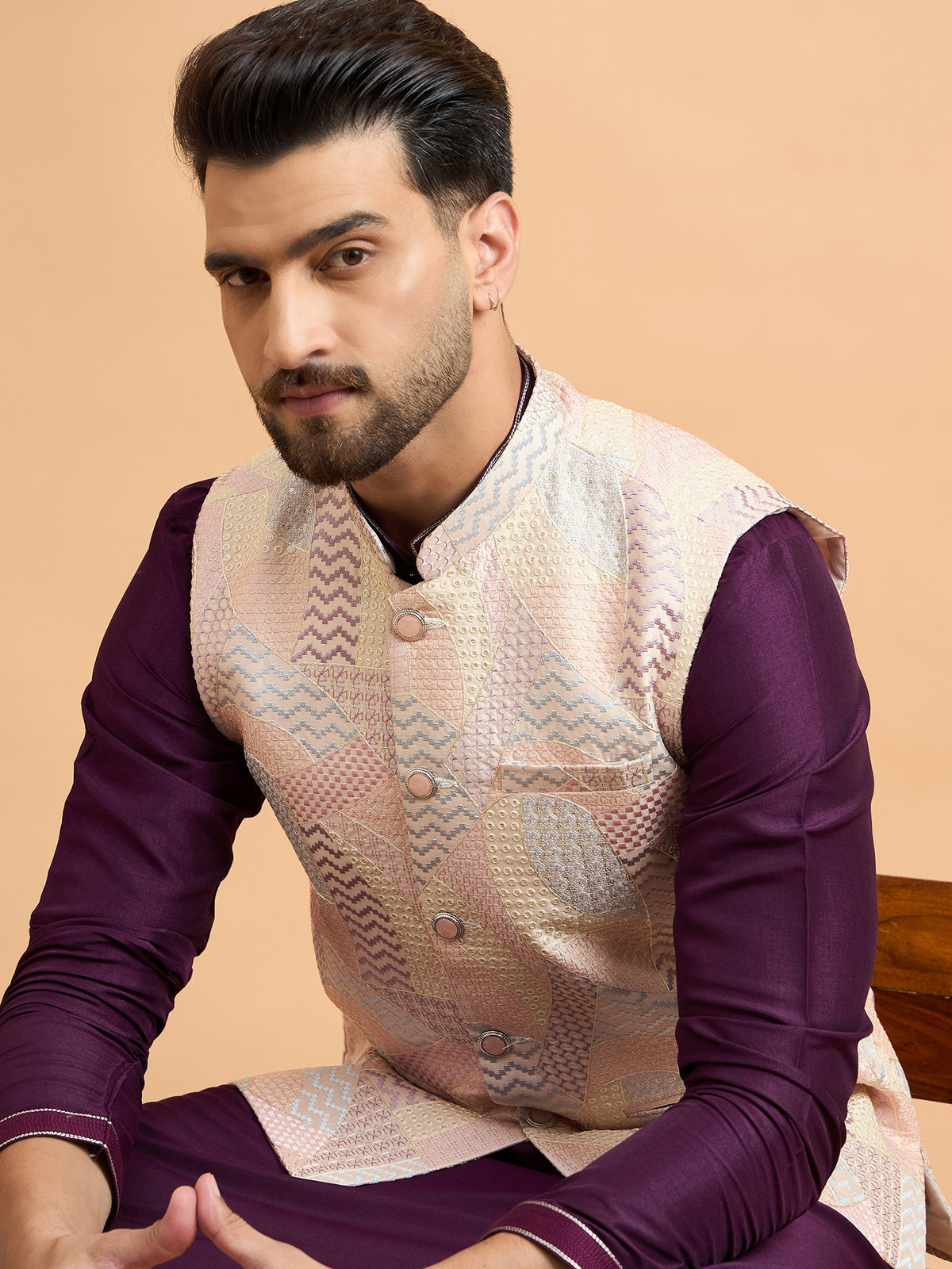 Purple Embroidered Kurta Jacket Set