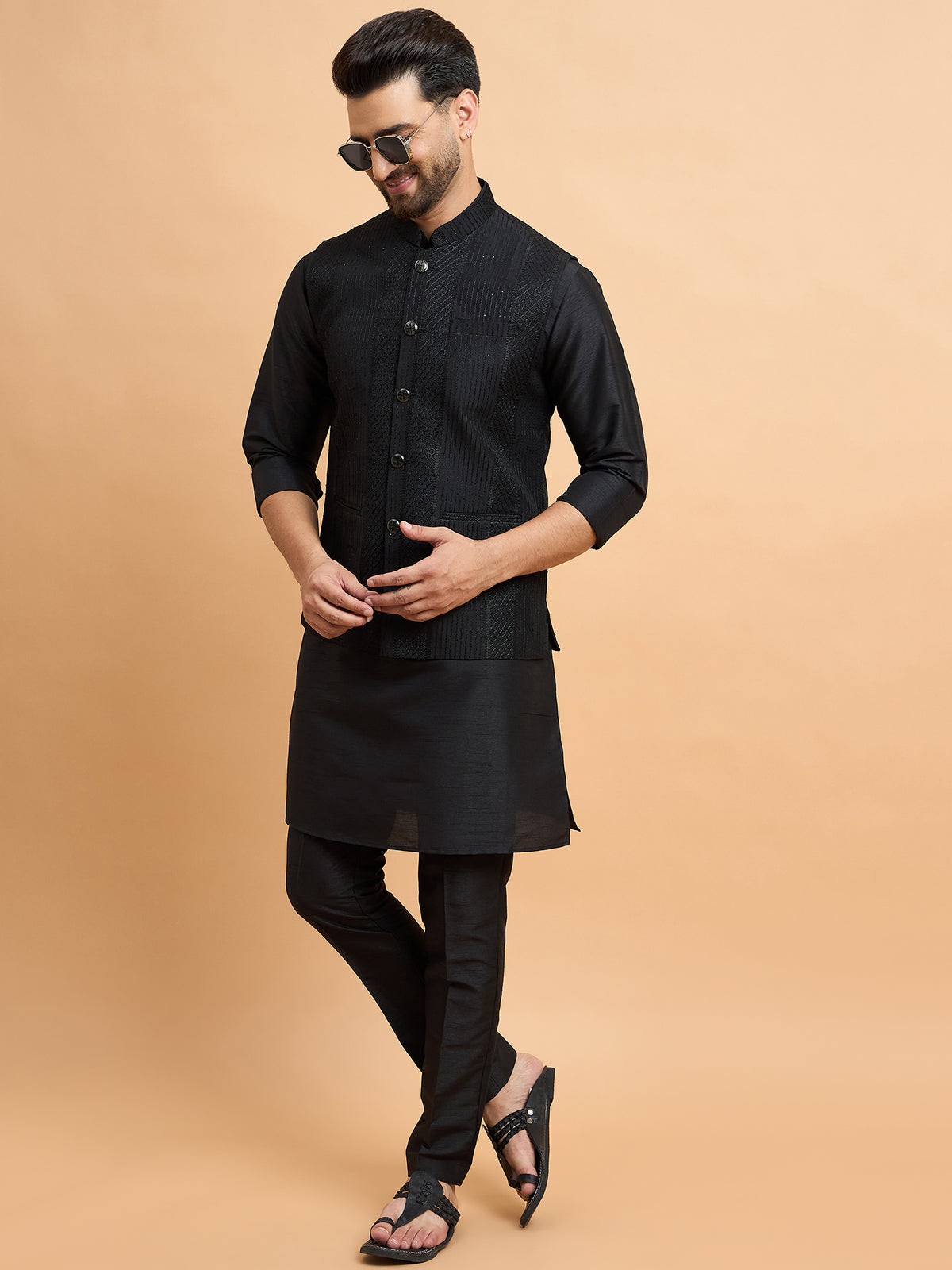Black Lucknowi Koti Kurta Set
