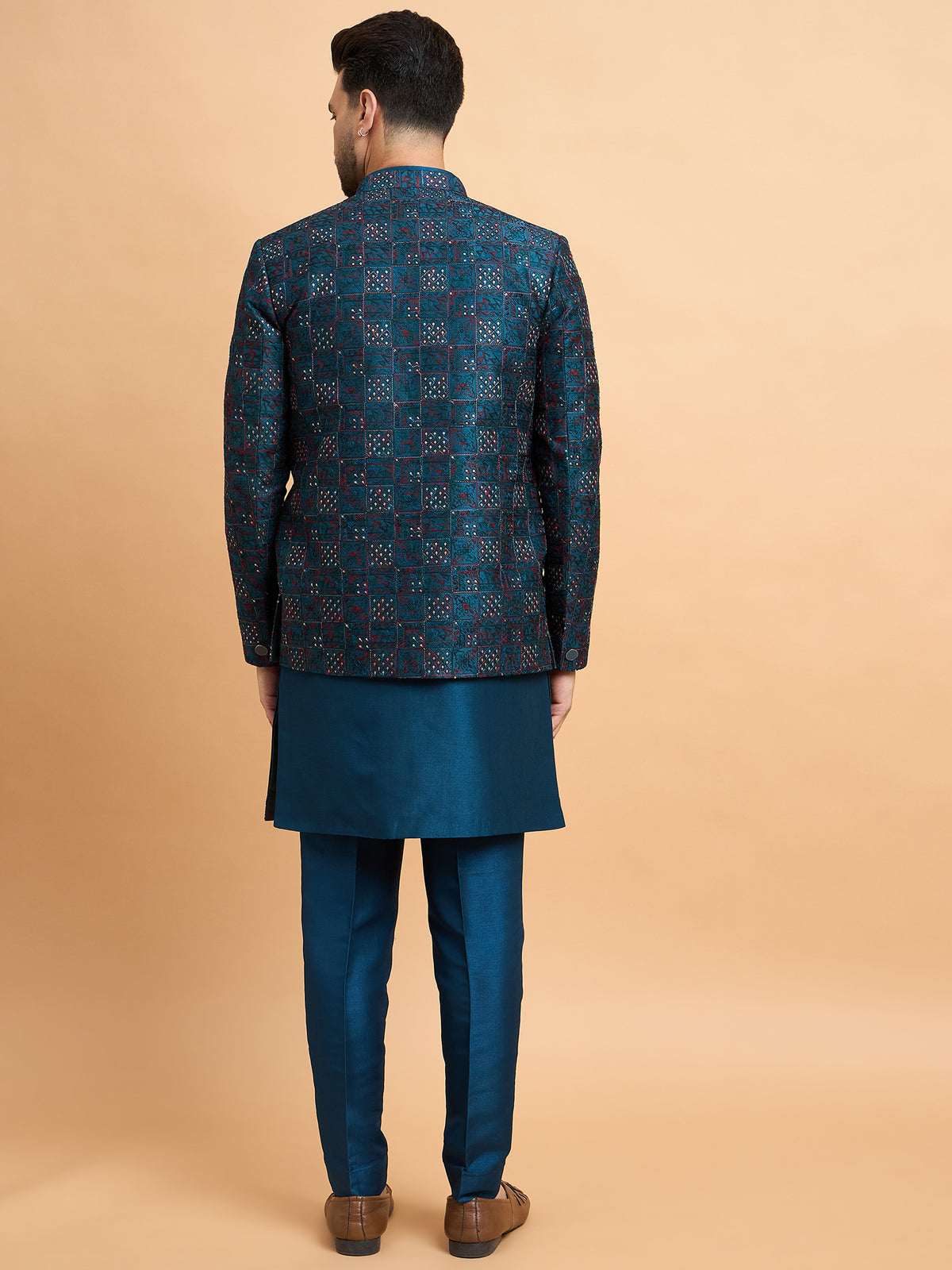 Teal Embroidered Indowestern Set