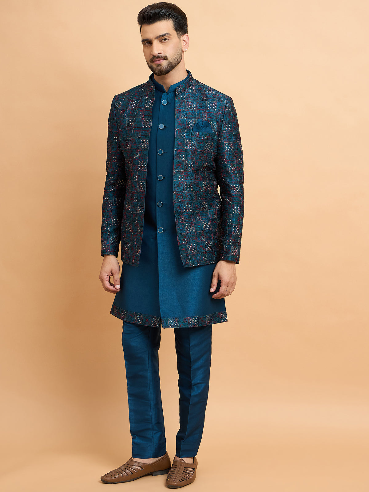 Teal Embroidered Indowestern Set