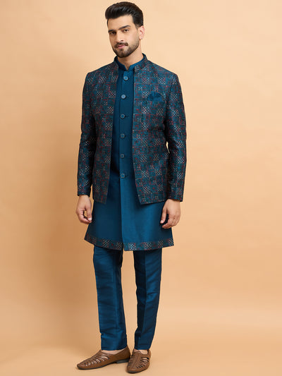 Teal Embroidered Indowestern Set