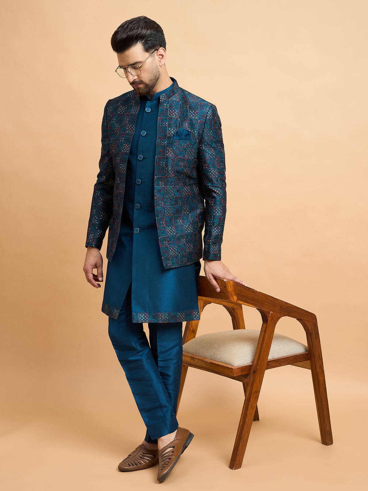 Teal Embroidered Indowestern Set