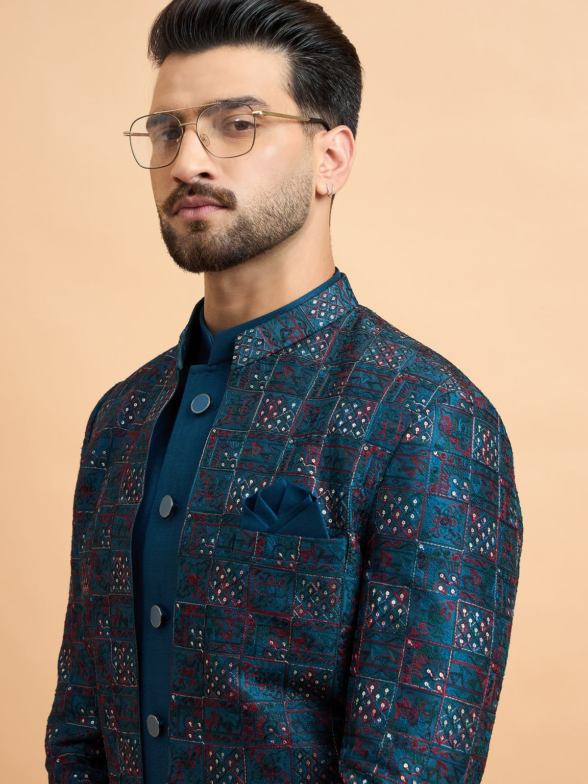 Teal Embroidered Indowestern Set