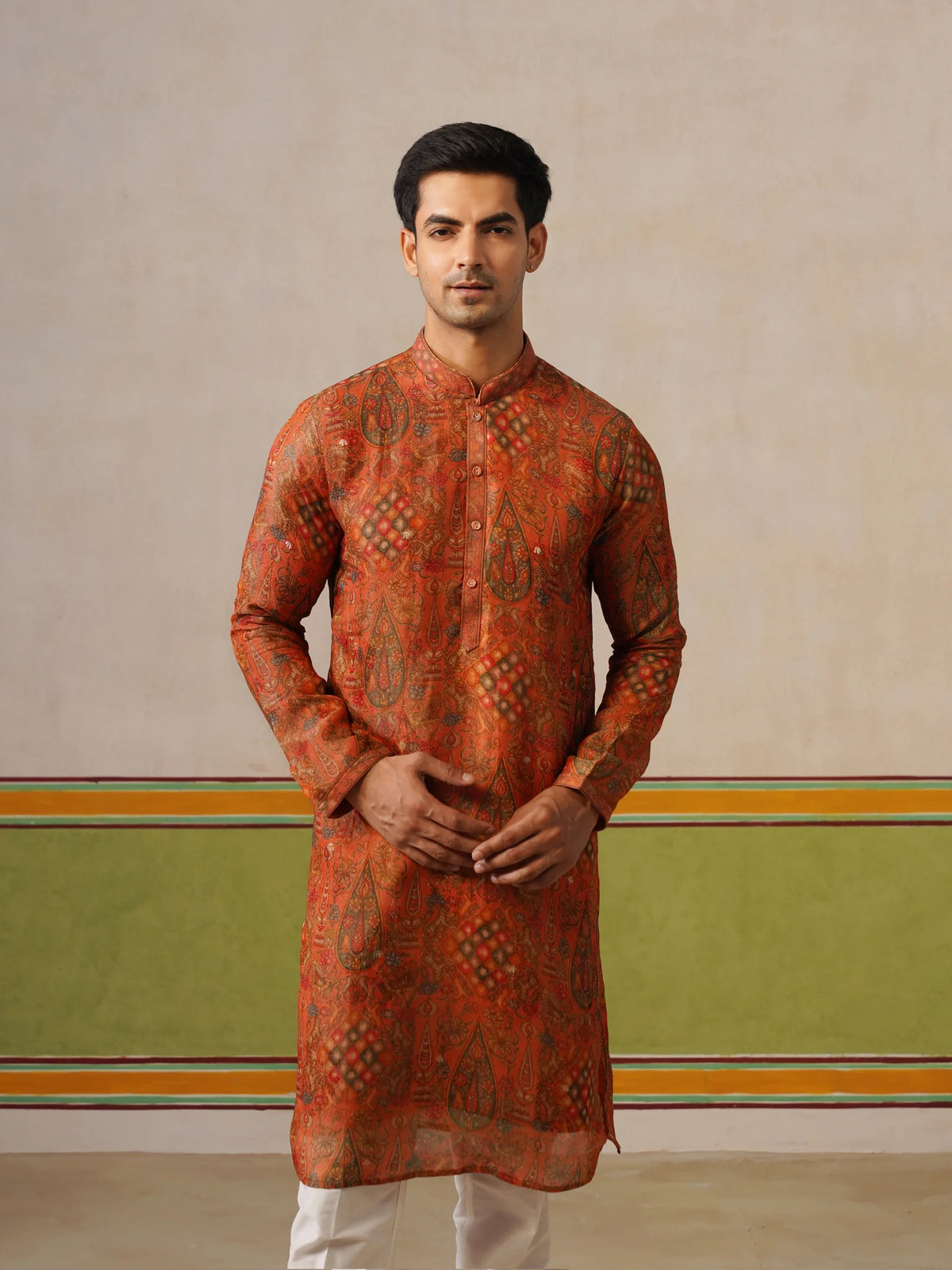 Rusk Orange Silk Kurta Pant Set